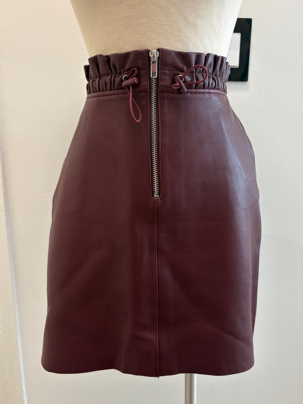 Maje Burgundy lamb Leather Mini Skirt with Paperbag Waist
